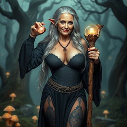 A mesmerizing image of an old yet sexy witch standing confidently, showcasing her full body