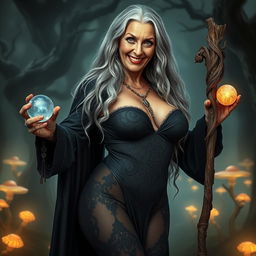 A mesmerizing image of an old yet sexy witch standing confidently, showcasing her full body