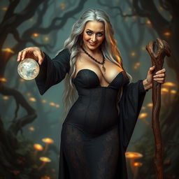 A mesmerizing image of an old yet sexy witch standing confidently, showcasing her full body