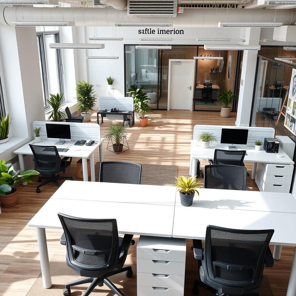 A modern office interior covering 45 square meters, featuring six workstations with ergonomic desks and comfortable chairs, arranged in a collaborative layout