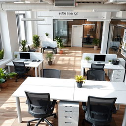 A modern office interior covering 45 square meters, featuring six workstations with ergonomic desks and comfortable chairs, arranged in a collaborative layout