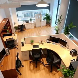 A modern office interior covering 45 square meters, featuring six workstations with ergonomic desks and comfortable chairs, arranged in a collaborative layout