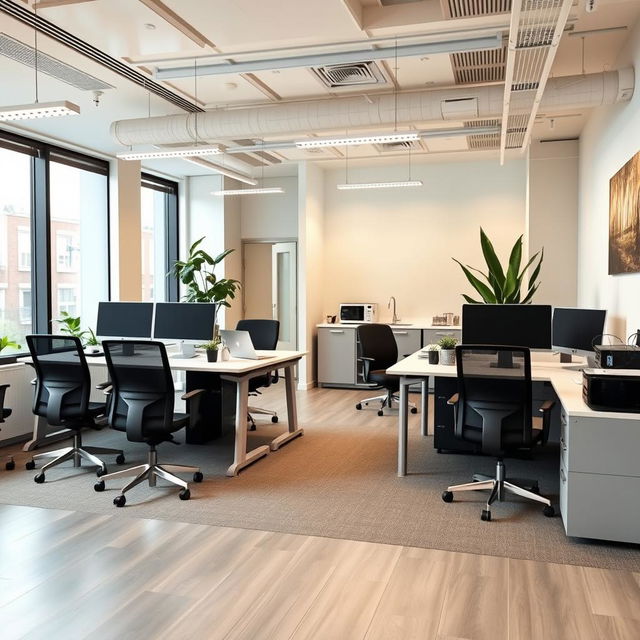 A modern office interior covering 45 square meters, featuring six workstations with ergonomic desks and comfortable chairs, arranged in a collaborative layout