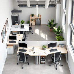 A modern office interior covering 45 square meters, featuring six workstations with ergonomic desks and comfortable chairs, arranged in a collaborative layout