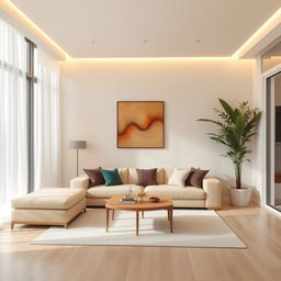 An elegant and modern interior design of a living room, featuring a minimalist aesthetic with soft neutral colors