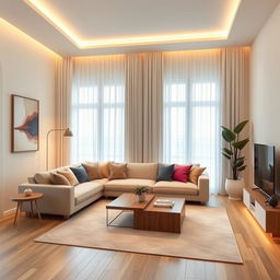 An elegant and modern interior design of a living room, featuring a minimalist aesthetic with soft neutral colors