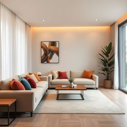 An elegant and modern interior design of a living room, featuring a minimalist aesthetic with soft neutral colors