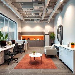 Interior design ideas for a modern office space of 45 square meters that includes six ergonomic workstations, positioned for teamwork and productivity