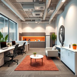 Interior design ideas for a modern office space of 45 square meters that includes six ergonomic workstations, positioned for teamwork and productivity