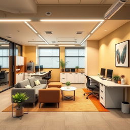 Interior design ideas for a modern office space of 45 square meters that includes six ergonomic workstations, positioned for teamwork and productivity