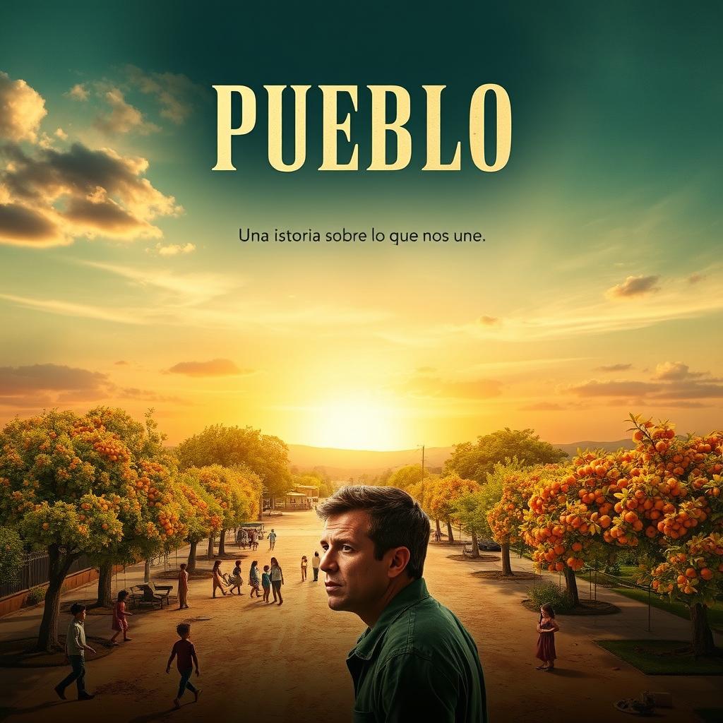 A movie poster for the film "Pueblo" featuring an open sky with a sunset in sepia tones and some vibrant colors, evoking nostalgia and perseverance typical of small towns