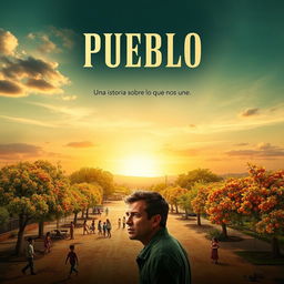 A movie poster for the film "Pueblo" featuring an open sky with a sunset in sepia tones and some vibrant colors, evoking nostalgia and perseverance typical of small towns