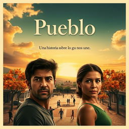 A movie poster for the film "Pueblo" featuring an open sky with a sunset in sepia tones and some vibrant colors, evoking nostalgia and perseverance typical of small towns