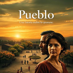 A movie poster for the film "Pueblo" featuring an open sky with a sunset in sepia tones and some vibrant colors, evoking nostalgia and perseverance typical of small towns