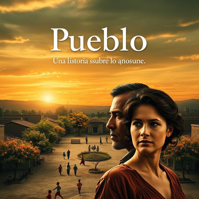 A movie poster for the film "Pueblo" featuring an open sky with a sunset in sepia tones and some vibrant colors, evoking nostalgia and perseverance typical of small towns