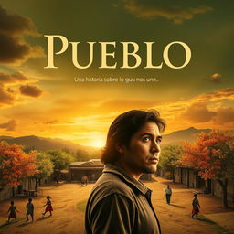 A movie poster for the film "Pueblo" featuring an open sky with a sunset in sepia tones and some vibrant colors, evoking nostalgia and perseverance typical of small towns