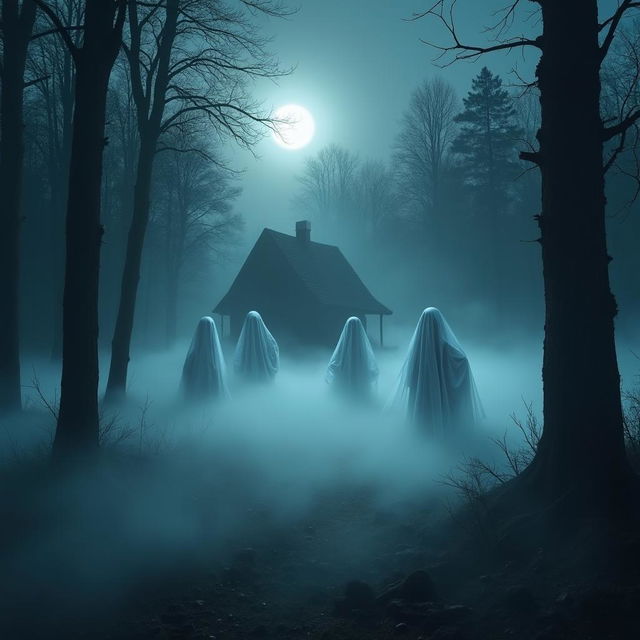 A hauntingly beautiful scene depicting ethereal ghosts emerging from a thick fog in a moonlit, mysterious forest