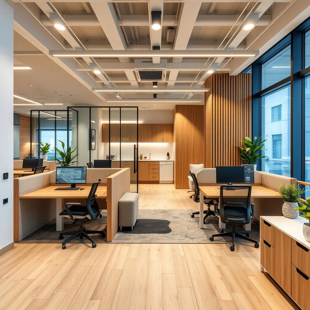 Modern interior design ideas for a 45 square meter office featuring six ergonomic workstations arranged for collaboration