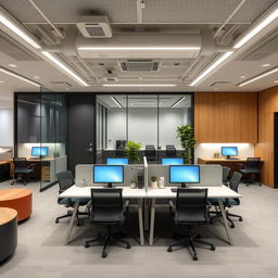 Modern interior design ideas for a 45 square meter office featuring six ergonomic workstations arranged for collaboration