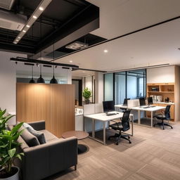 Modern interior design ideas for a 45 square meter office featuring six ergonomic workstations arranged for collaboration