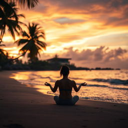 A serene and calming landscape featuring a tranquil beach at sunset, gentle waves lapping against the shore, and a soft breeze rustling palm trees