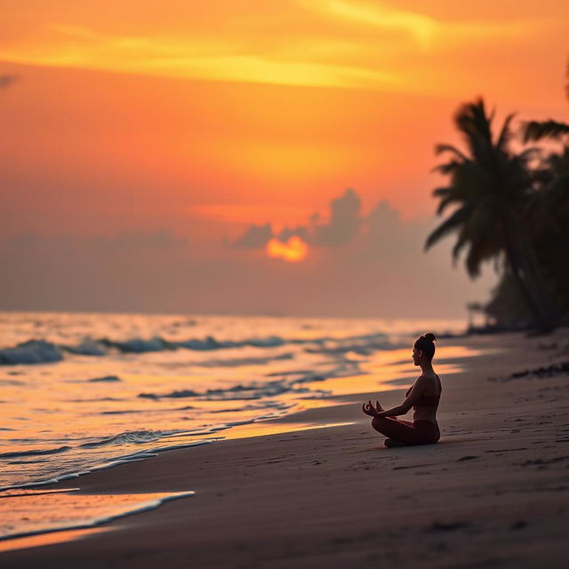 A serene and calming landscape featuring a tranquil beach at sunset, gentle waves lapping against the shore, and a soft breeze rustling palm trees