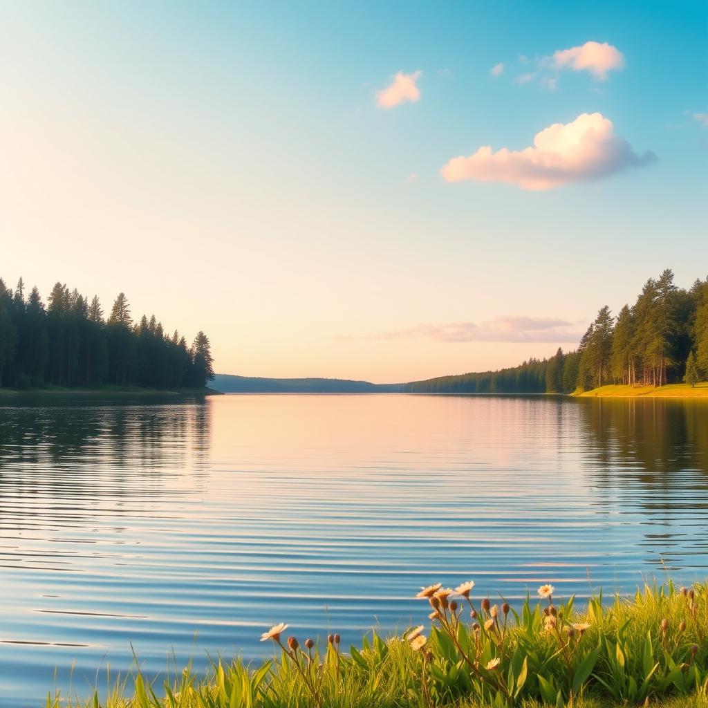 A serene, calming landscape to evoke peace, featuring a tranquil lake surrounded by lush evergreen trees under a clear blue sky