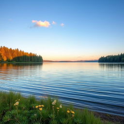 A serene, calming landscape to evoke peace, featuring a tranquil lake surrounded by lush evergreen trees under a clear blue sky