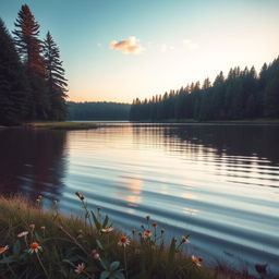 A serene, calming landscape to evoke peace, featuring a tranquil lake surrounded by lush evergreen trees under a clear blue sky