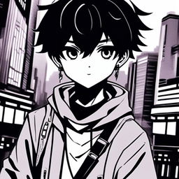 Black and white profile picture of a retro-scifi anime schoolboy with an emo style, standing in a futuristic cityscape.