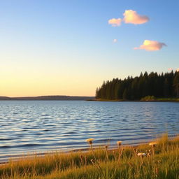 A serene, calming landscape to evoke peace, featuring a tranquil lake surrounded by lush evergreen trees under a clear blue sky