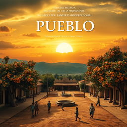 A movie poster for the film "Pueblo" featuring an open sky with a sunset in sepia tones and some vibrant colors, evoking nostalgia and perseverance typical of small towns