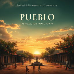 A movie poster for the film "Pueblo" featuring an open sky with a sunset in sepia tones and some vibrant colors, evoking nostalgia and perseverance typical of small towns