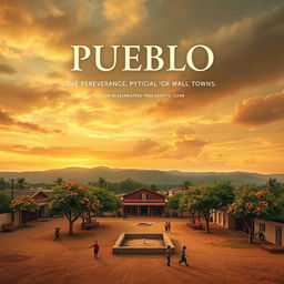 A movie poster for the film "Pueblo" featuring an open sky with a sunset in sepia tones and some vibrant colors, evoking nostalgia and perseverance typical of small towns