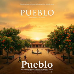 A movie poster for the film "Pueblo" featuring an open sky with a sunset in sepia tones and some vibrant colors, evoking nostalgia and perseverance typical of small towns