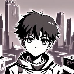 Black and white profile picture of a retro-scifi anime schoolboy with an emo style, standing in a futuristic cityscape.