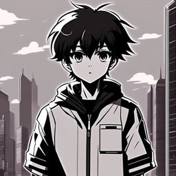 Black and white profile picture of a retro-scifi anime schoolboy with an emo style, standing in a futuristic cityscape.