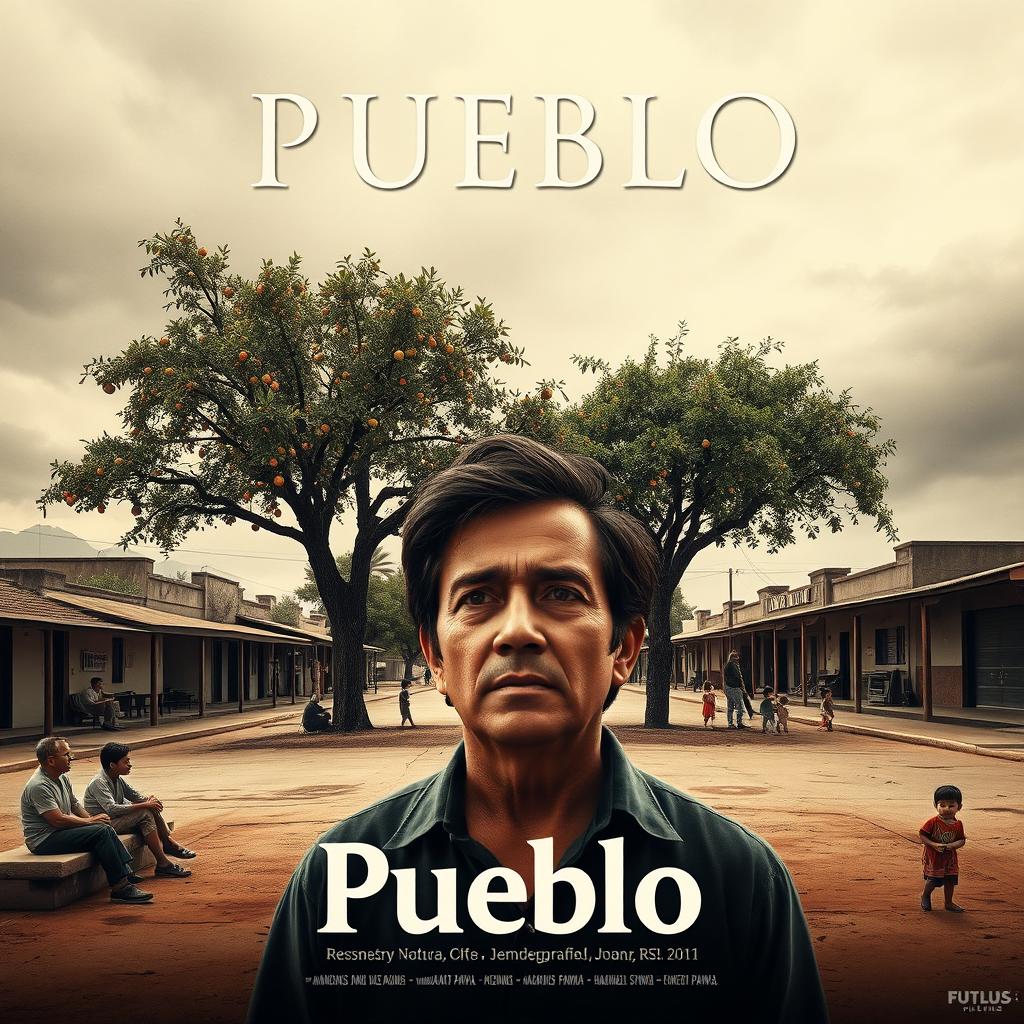 A movie poster for the film "Pueblo" featuring an open sky in sepia and gray hues, evoking nostalgia and melancholy typical of small towns