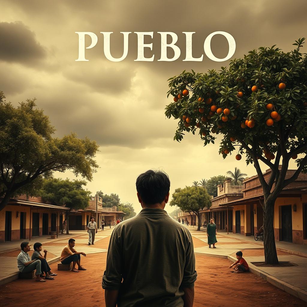 A movie poster for the film "Pueblo" featuring an open sky in sepia and gray hues, evoking nostalgia and melancholy typical of small towns