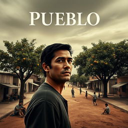 A movie poster for the film "Pueblo" featuring an open sky in sepia and gray hues, evoking nostalgia and melancholy typical of small towns