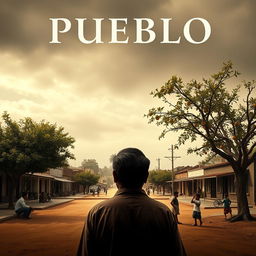 A movie poster for the film "Pueblo" featuring an open sky in sepia and gray hues, evoking nostalgia and melancholy typical of small towns