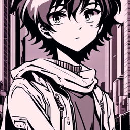 Black and white profile picture of a retro-scifi anime schoolboy with an emo style, standing in a futuristic cityscape.