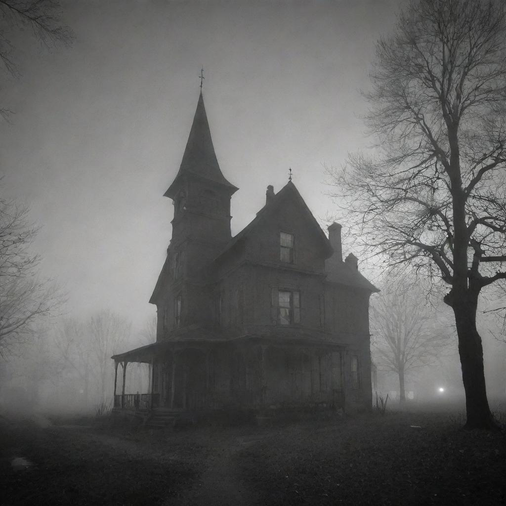 An intimate view of a fog-shrouded, dark town. The scene gets closer, revealing mysterious dimly lit structures, their intricate details barely decipherable through the thickets of swirling fog and the curtain of the oppressive darkness