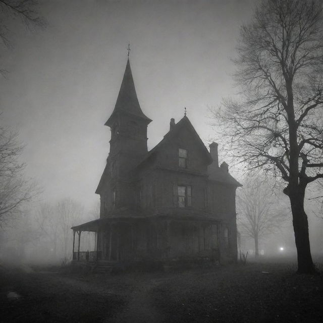 An intimate view of a fog-shrouded, dark town. The scene gets closer, revealing mysterious dimly lit structures, their intricate details barely decipherable through the thickets of swirling fog and the curtain of the oppressive darkness