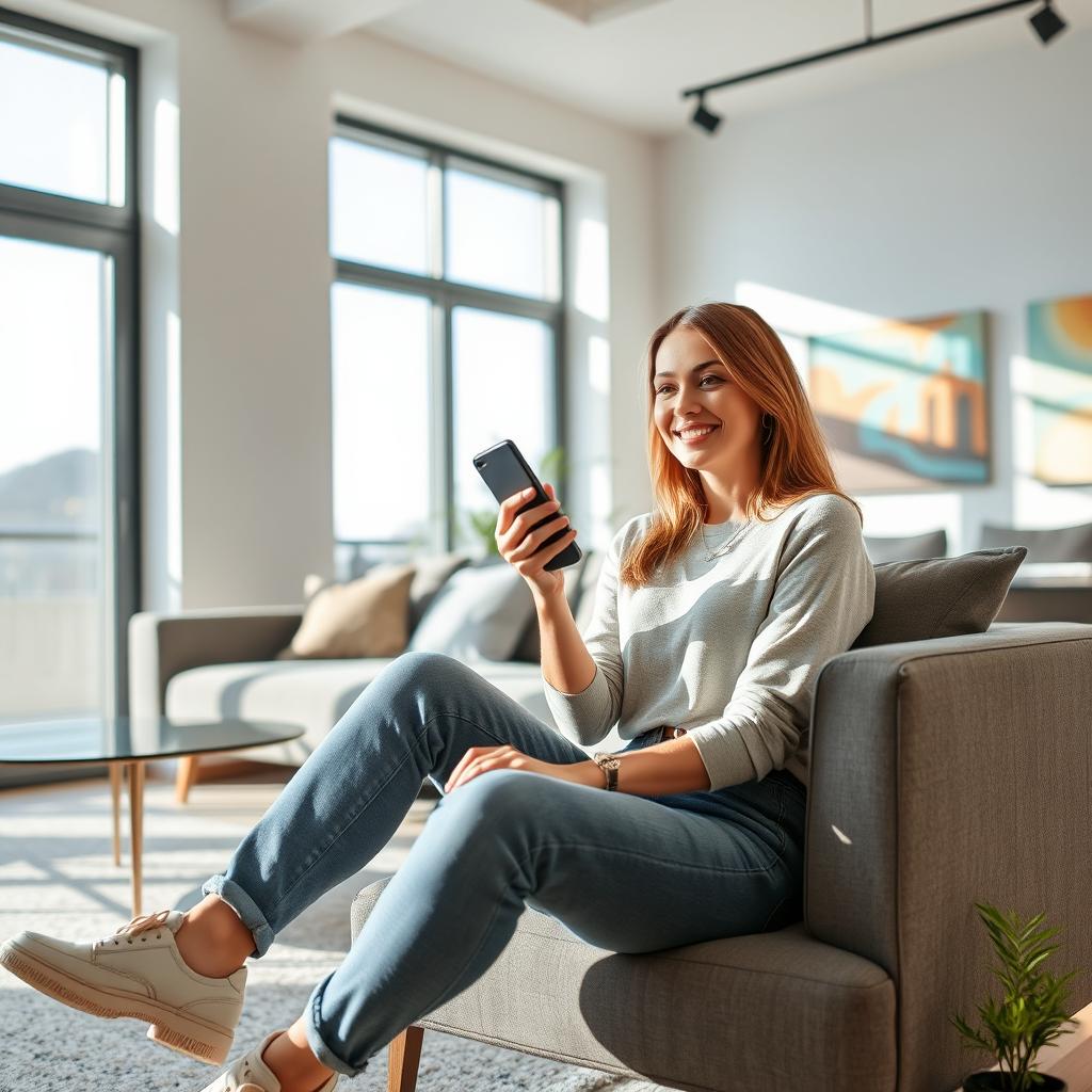 A woman sitting in a modern living room, holding a smartphone