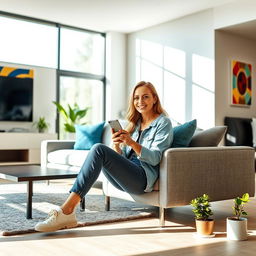 A woman sitting in a modern living room, holding a smartphone