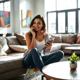 A woman sitting in a modern living room, holding a smartphone