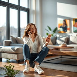 A woman sitting in a modern living room, holding a smartphone