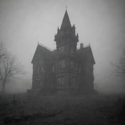 An intimate view of a fog-shrouded, dark town. The scene gets closer, revealing mysterious dimly lit structures, their intricate details barely decipherable through the thickets of swirling fog and the curtain of the oppressive darkness