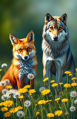 An oil painting style cover featuring a majestic fox and a noble wolf, gracefully posed amidst a vibrant field of dandelions